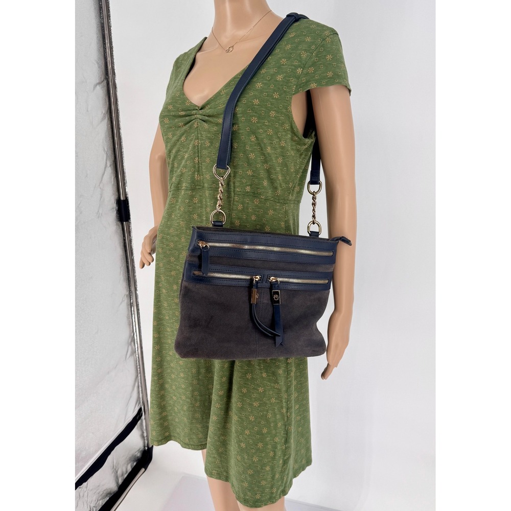 Spartina 449 ‎ Navy Gray Leather Suede Crossbody Bag Gold Hardware - Picture 14 of 15
